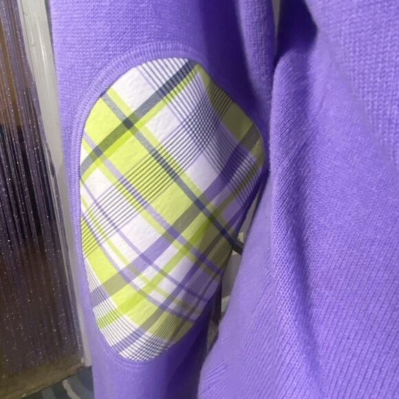 Women’s IZOD Golf Sweater Large Purple V Neck Preppy Long Sleeve Patch Elbows - Picture 8 of 8